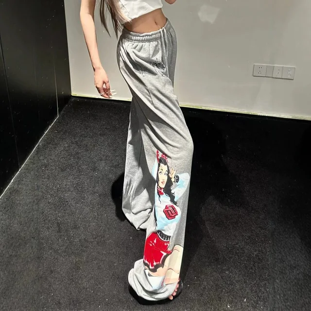 Gray Cartoon Print Wide Leg Sweatpants