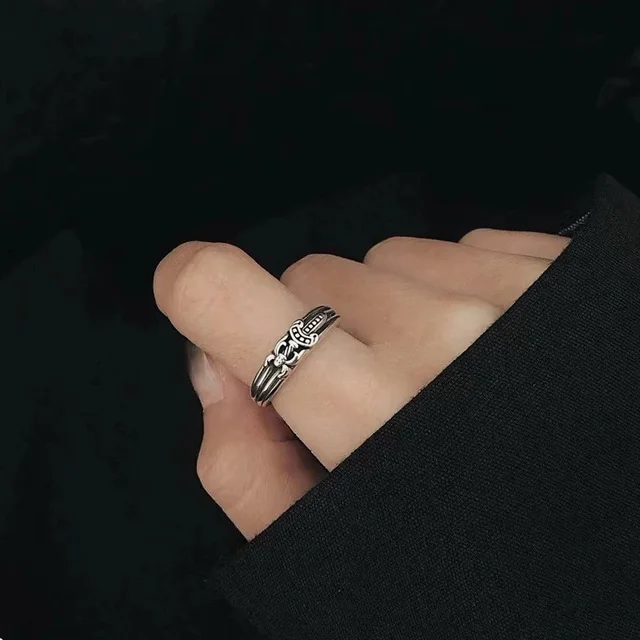 Silver Tribal Pattern Ring Black Gothic Style