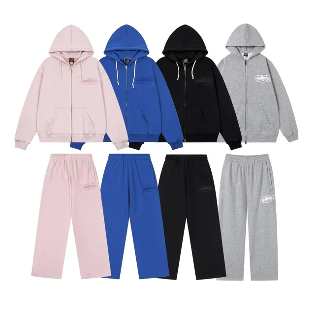 Basic Zip-Up Hoodie Set Pink Casual Tracksuit