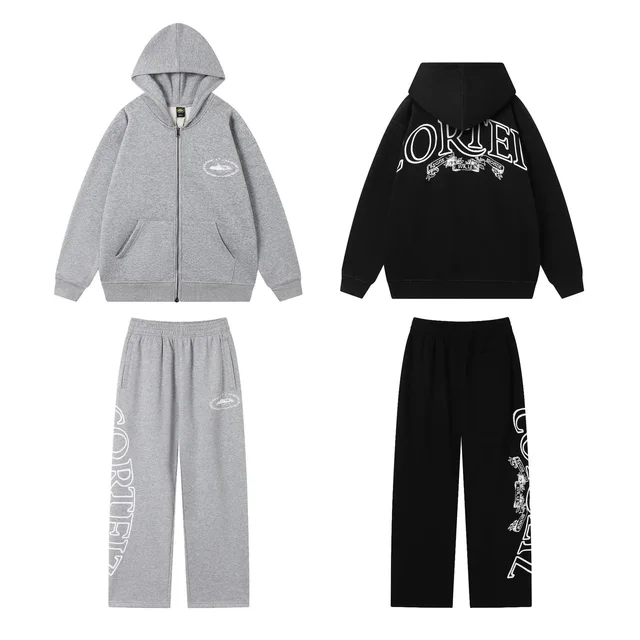 Ortei Zip Hoodie Gray And Black Casual Set