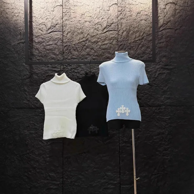 Ribbed Turtleneck Short Sleeve Knit Top White Fashion