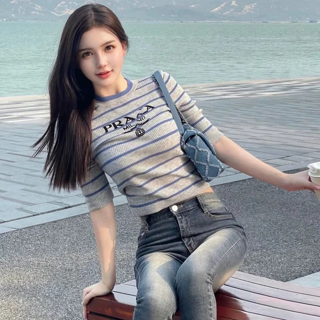 Prada Milano Gray Blue Striped Knit Top
