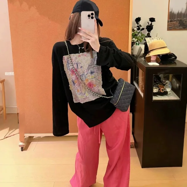 Black Long Sleeve Top With Embroidery Patch Artistic Casual