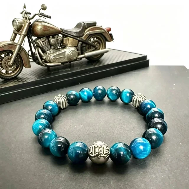 Blue Agate Beaded Bracelet Silver Accent Men's Jewelry