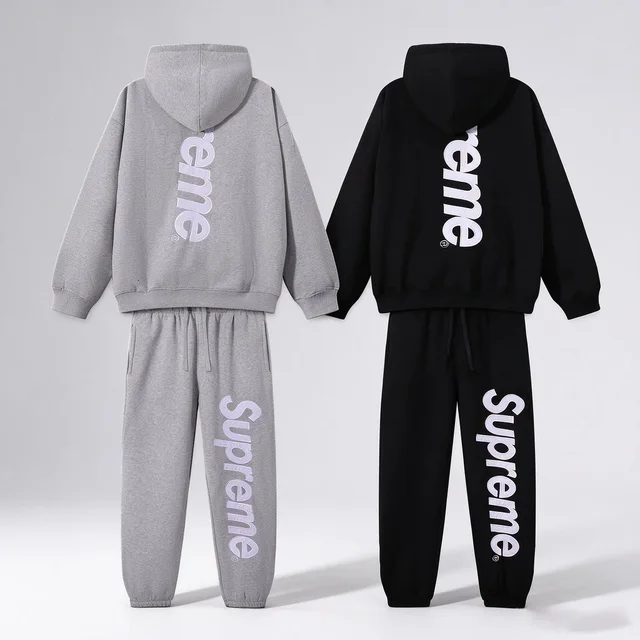 Supreme Hoodie Set Black And Gray Casual Tracksuit