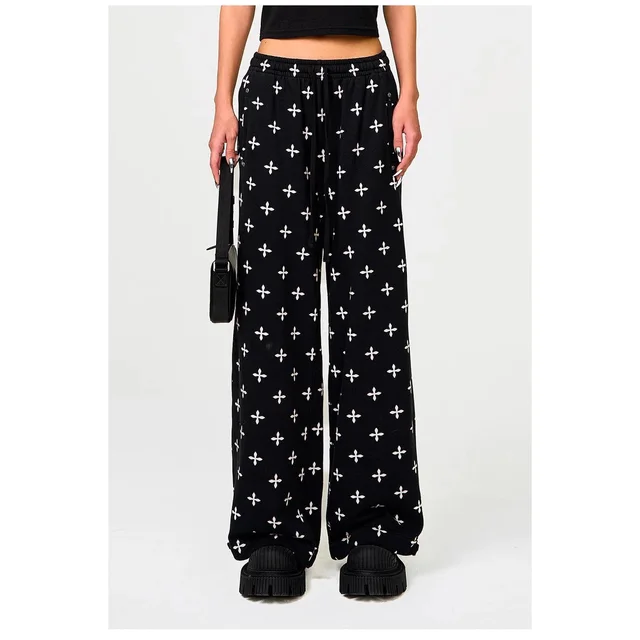 Black Printed Wide Leg Casual Pants