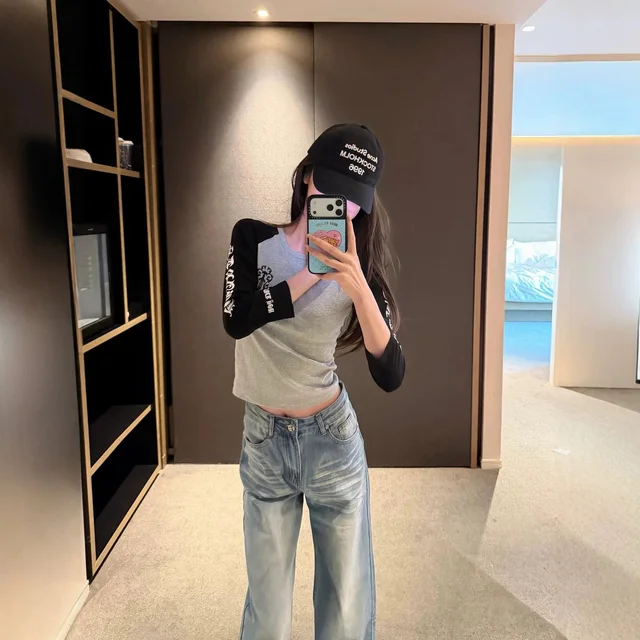 Unisex Long Sleeve Gray Black Contrast Casual T-Shirt