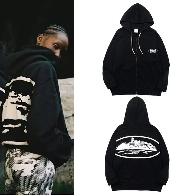 Black Zip-Up Hoodie With Ship Print Casual Sweatshirt