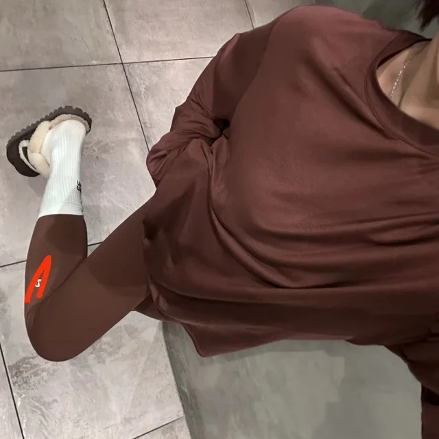 Brown Leggings With Red Logo Sporty Fit