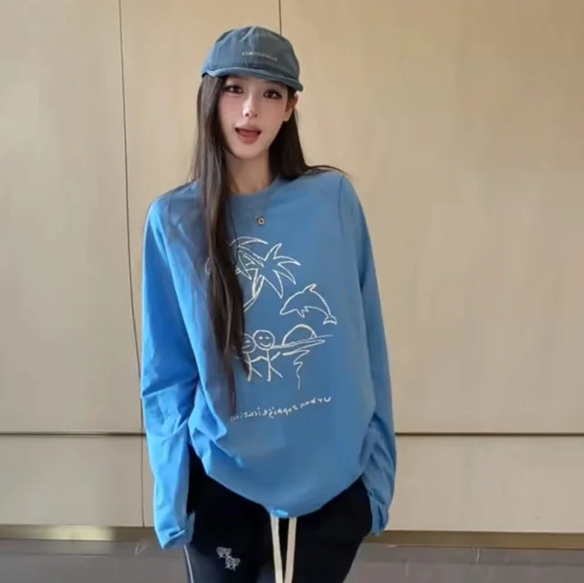 Blue Long Sleeve Graphic T-Shirt Casual