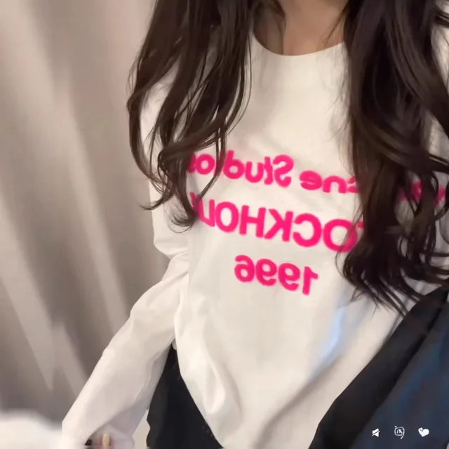 White Long Sleeve Pink Print Casual T-Shirt