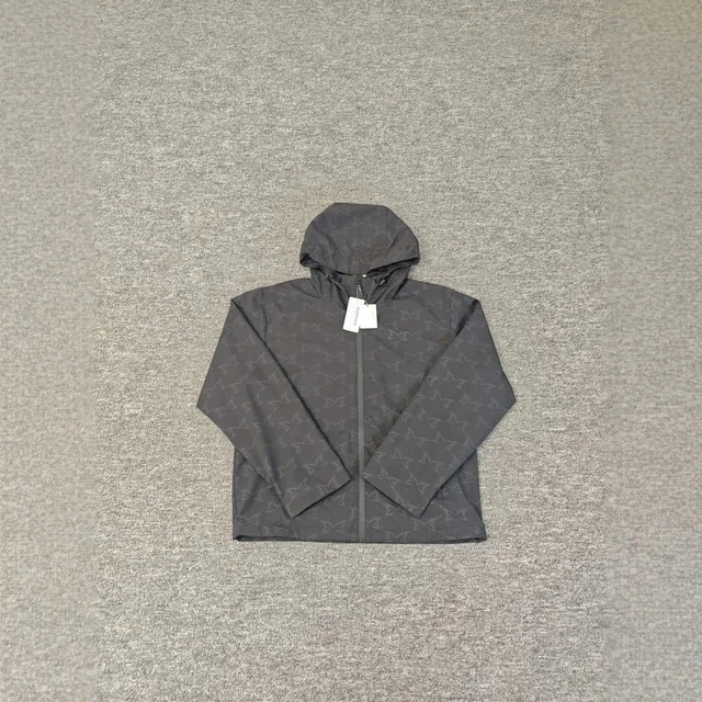 Unisex Hooded Grey Patterned Windbreaker Jacket